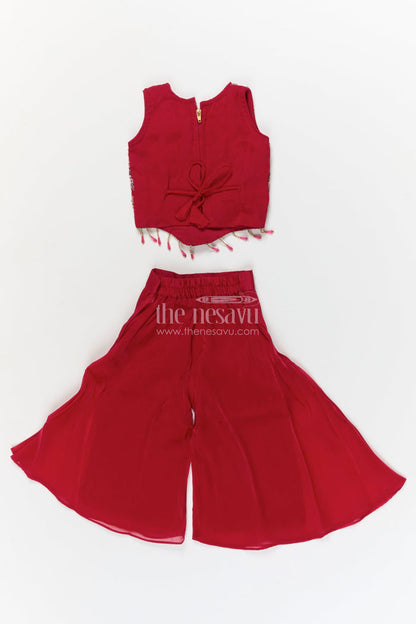 The Nesavu Girls Sharara / Plazo Set Girls Sharara Set for Festive Performances and Wedding Receptions Nesavu Nesavu girls festive sharara set with organza flare and embroidered blouse for weddings