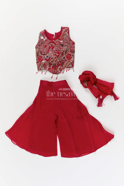 The Nesavu Girls Sharara / Plazo Set Girls Sharara Set for Festive Performances and Wedding Receptions Nesavu Nesavu girls festive sharara set with organza flare and embroidered blouse for weddings