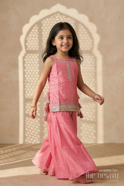 The Nesavu Girls Sharara / Plazo Set Girls Sharara Set for Festive Weddings and Traditional Celebrations Nesavu 24 (5Y) / Pink / Viscose Silk GPS981A-24 Nesavu girls viscose silk sharara set for weddings and festive celebrations with designer yoke