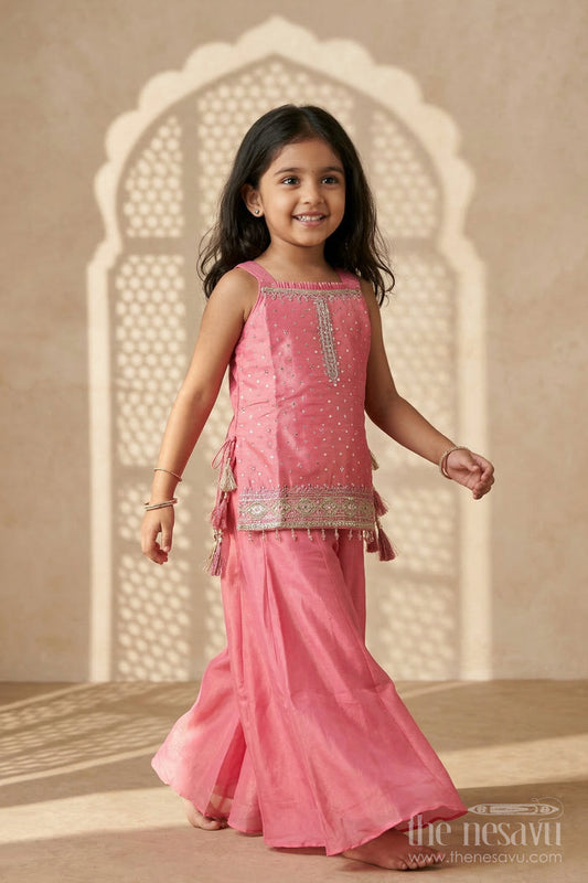 The Nesavu Girls Sharara / Plazo Set Girls Sharara Set for Festive Weddings and Traditional Celebrations Nesavu 24 (5Y) / Pink / Viscose Silk GPS981A-24 Nesavu girls viscose silk sharara set for weddings and festive celebrations with designer yoke