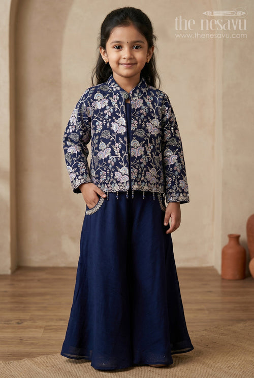 The Nesavu Girls Sharara / Plazo Set Girls Sharara Set for Sangeeth and Festive Occasions Nesavu 18 (2Y) / Blue / Viscose GPS1046C-18 Nesavu Girls Sharara Set For Weddings And Festive Occasions With Embroidered Jacket And Flowy Pants