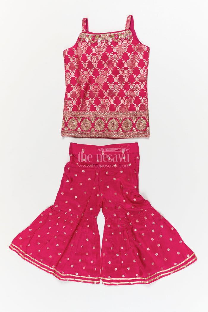 The Nesavu Girls Sharara / Plazo Set Girls Sharara Set for Traditional Celebrations and Festive Events Nesavu 16 (1Y) / Pink / Viscose Silk GPS940A-16 Nesavu girls sharara set in jacquard silk for traditional weddings and cultural celebrations