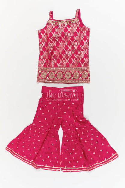 The Nesavu Girls Sharara / Plazo Set Girls Sharara Set for Traditional Celebrations and Festive Events Nesavu 16 (1Y) / Pink / Viscose Silk GPS940A-16 Nesavu girls sharara set in jacquard silk for traditional weddings and cultural celebrations
