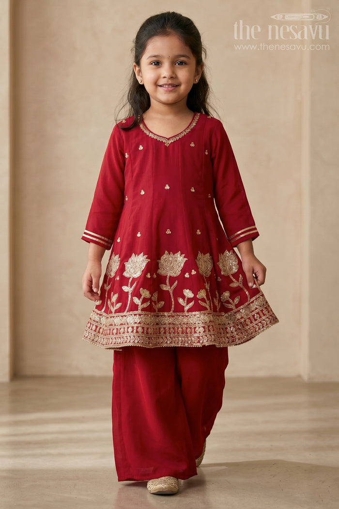 The Nesavu Girls Sharara / Plazo Set Girls Sharara Set for Wedding and Event Nesavu 22 (4Y) / Red / Georgette GPS1058A-22 Nesavu Girls Sharara Set For Wedding And Festive Occasions With Embroidered Georgette Ethnic Outfit