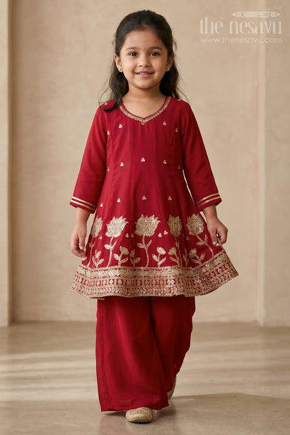 The Nesavu Girls Sharara / Plazo Set Girls Sharara Set for Wedding and Event Nesavu 22 (4Y) / Red / Georgette GPS1058A-22 Nesavu Girls Sharara Set For Wedding And Festive Occasions With Embroidered Georgette Ethnic Outfit