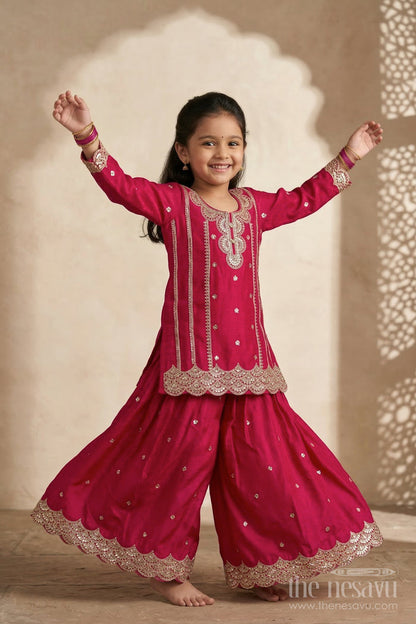 The Nesavu Girls Sharara / Plazo Set Girls Sharara Set for Wedding Functions Nesavu 24 (5Y) / Red / Viscose Silk GPS974A-24 Nesavu girls viscose silk sharara set with sequin embroidery for weddings