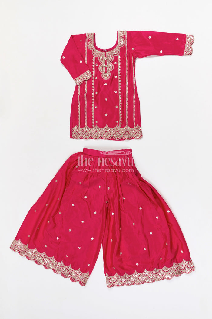 The Nesavu Girls Sharara / Plazo Set Girls Sharara Set for Wedding Functions Nesavu 24 (5Y) / Red / Viscose Silk GPS974A-24 Nesavu girls viscose silk sharara set with sequin embroidery for weddings