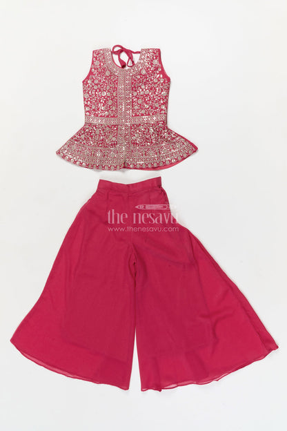 The Nesavu Girls Sharara / Plazo Set Girls Sharara Set for Wedding Receptions and Festive Occasions Nesavu 24 (5Y) / Maroon / Georgette GPS951B-24 Nesavu girls sharara set with embroidered peplum top for weddings and festive parties