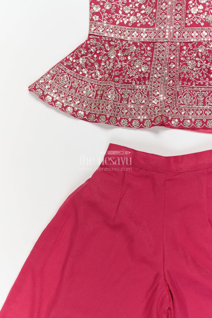 The Nesavu Girls Sharara / Plazo Set Girls Sharara Set for Wedding Receptions and Festive Occasions Nesavu Nesavu girls sharara set with embroidered peplum top for weddings and festive parties