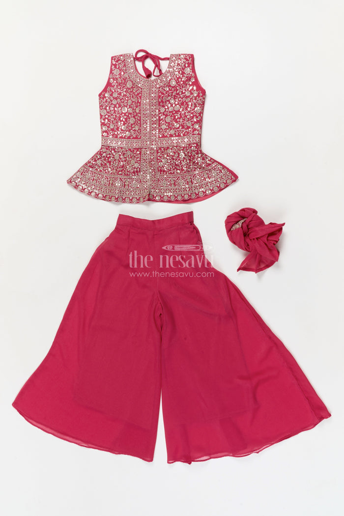 The Nesavu Girls Sharara / Plazo Set Girls Sharara Set for Wedding Receptions and Festive Occasions Nesavu Nesavu girls sharara set with embroidered peplum top for weddings and festive parties