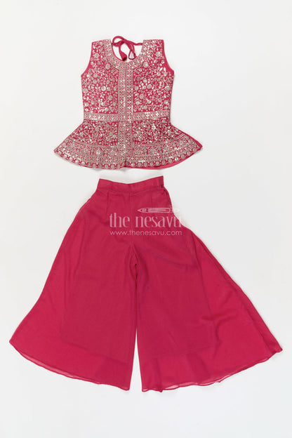 The Nesavu Girls Sharara / Plazo Set Girls Sharara Set for Wedding Receptions and Festive Occasions Nesavu Nesavu girls sharara set with embroidered peplum top for weddings and festive parties