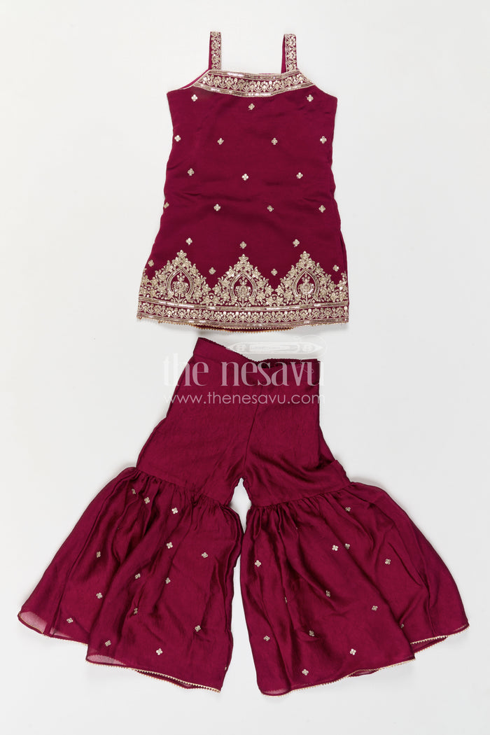 The Nesavu Girls Sharara / Plazo Set Girls Sharara Set for Weddings and Birthday Functtions Nesavu Nesavu Girls Sharara Set For Weddings With Viscose Blend Silk And Embroidered Yoke Festive Outfit