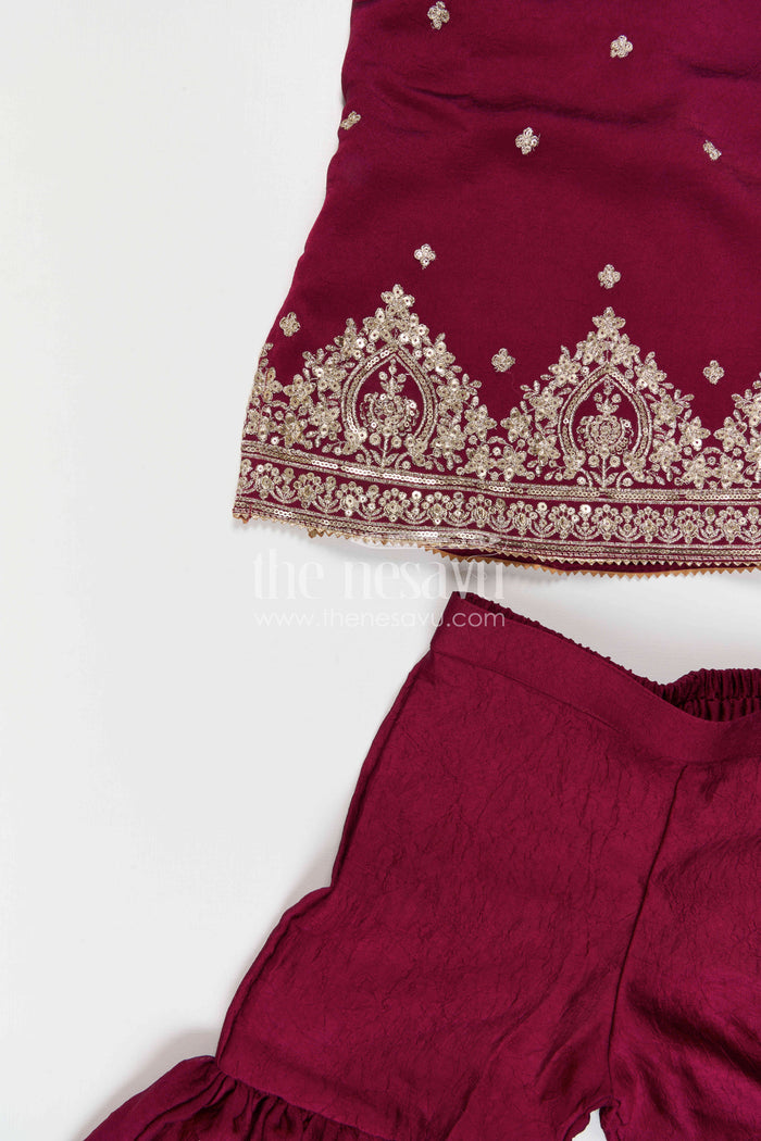 The Nesavu Girls Sharara / Plazo Set Girls Sharara Set for Weddings and Birthday Functtions Nesavu Nesavu Girls Sharara Set For Weddings With Viscose Blend Silk And Embroidered Yoke Festive Outfit