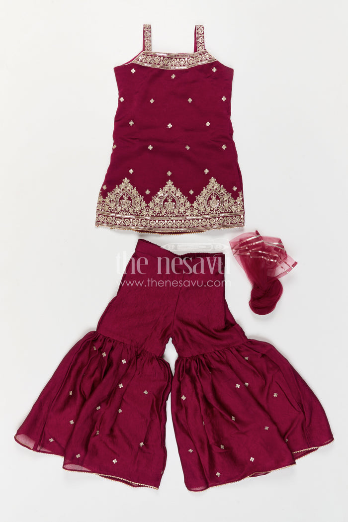 The Nesavu Girls Sharara / Plazo Set Girls Sharara Set for Weddings and Birthday Functtions Nesavu Nesavu Girls Sharara Set For Weddings With Viscose Blend Silk And Embroidered Yoke Festive Outfit