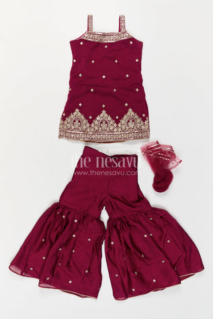 The Nesavu Girls Sharara / Plazo Set Girls Sharara Set for Weddings and Birthday Functtions Nesavu Nesavu Girls Sharara Set For Weddings With Viscose Blend Silk And Embroidered Yoke Festive Outfit