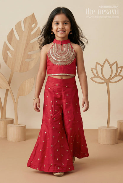 The Nesavu Girls Sharara / Plazo Set Girls Sharara Set for Weddings and Cultural Events Nesavu 24 (5Y) / Red / Modal GPS1040A-24 Nesavu Girls Sharara Set For Weddings With Modal Silk And Designer Embroidery Yoke Red Festive Outfit