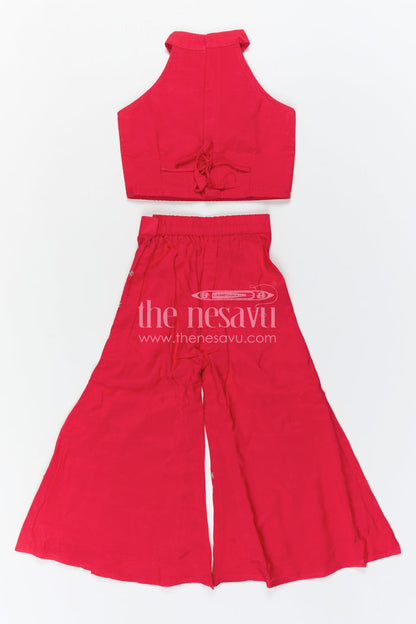The Nesavu Girls Sharara / Plazo Set Girls Sharara Set for Weddings and Cultural Events Nesavu Nesavu Girls Sharara Set For Weddings With Modal Silk And Designer Embroidery Yoke Red Festive Outfit