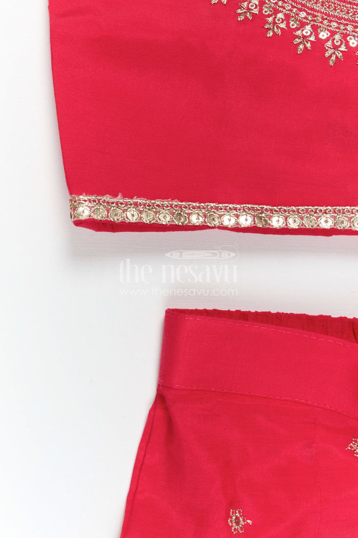The Nesavu Girls Sharara / Plazo Set Girls Sharara Set for Weddings and Cultural Events Nesavu Nesavu Girls Sharara Set For Weddings With Modal Silk And Designer Embroidery Yoke Red Festive Outfit
