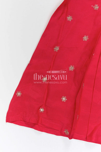 The Nesavu Girls Sharara / Plazo Set Girls Sharara Set for Weddings and Cultural Events Nesavu Nesavu Girls Sharara Set For Weddings With Modal Silk And Designer Embroidery Yoke Red Festive Outfit