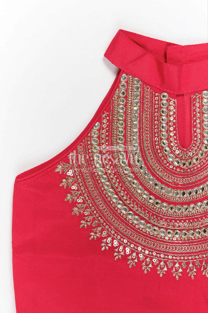 The Nesavu Girls Sharara / Plazo Set Girls Sharara Set for Weddings and Cultural Events Nesavu Nesavu Girls Sharara Set For Weddings With Modal Silk And Designer Embroidery Yoke Red Festive Outfit