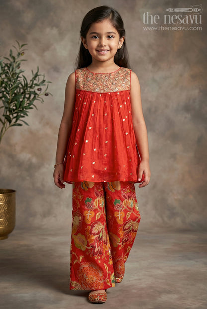 The Nesavu Girls Sharara / Plazo Set Girls Sharara Set for Weddings and Festive Family Occasions Nesavu 16 (1Y) / Red / Viscose GPS1068A-16 Nesavu Girls Sharara Set With Floral Sharara Pants And Designer Embroidered Kurti