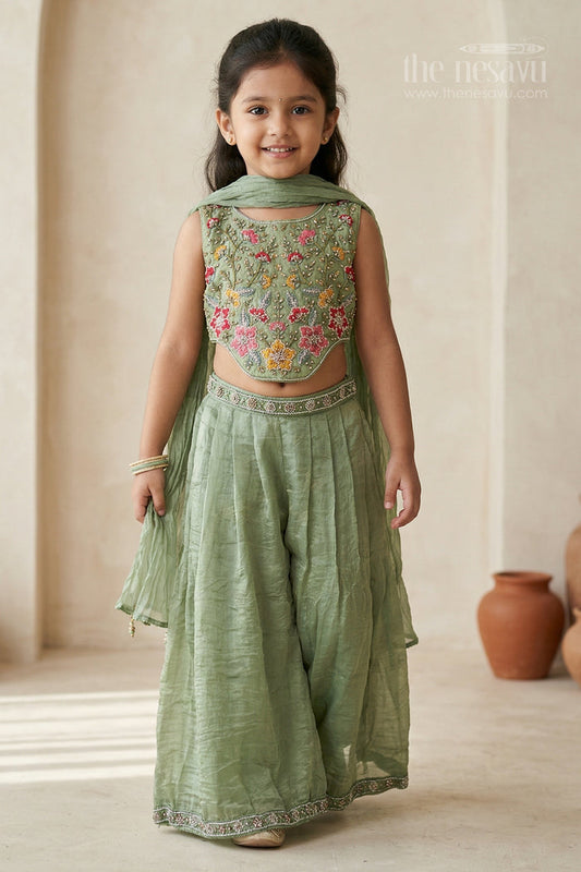 The Nesavu Girls Sharara / Plazo Set Girls Sharara Set for Weddings and Festive Occasionals Nesavu 24 (5Y) / Green / Organza GPS984B-24 Nesavu girls crushed organza sharara set with designer embroidery yoke for weddings and festive occasions