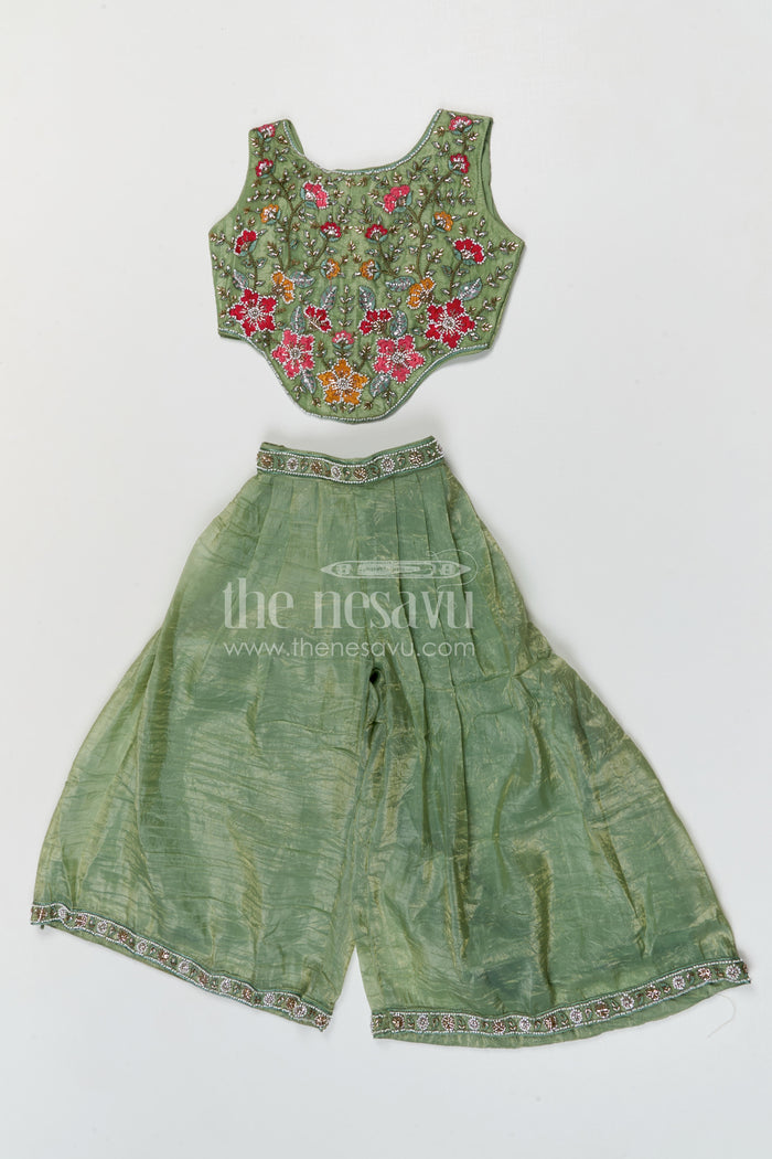 The Nesavu Girls Sharara / Plazo Set Girls Sharara Set for Weddings and Festive Occasionals Nesavu Nesavu girls crushed organza sharara set with designer embroidery yoke for weddings and festive occasions