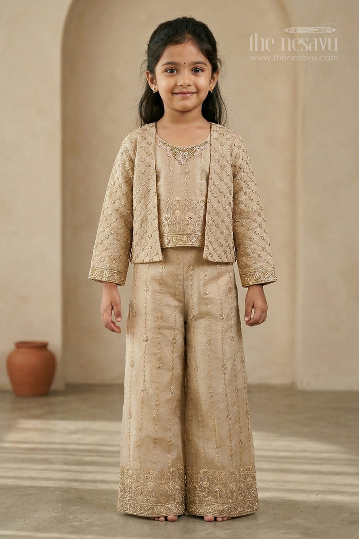 The Nesavu Girls Sharara / Plazo Set Girls Sharara Set for Weddings Nesavu 24 (5Y) / Cream / Organza Tissue GPS988A-24 Nesavu girls crushed tissue organza sharara set with designer embroidery for weddings and celebrations
