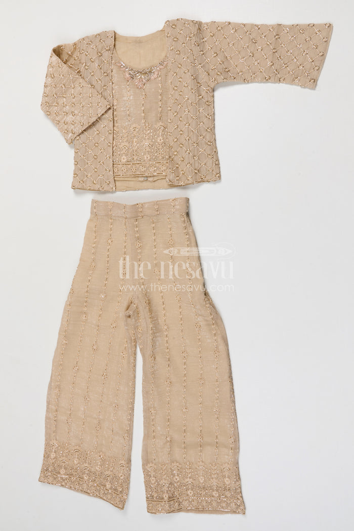 The Nesavu Girls Sharara / Plazo Set Girls Sharara Set for Weddings Nesavu Nesavu girls crushed tissue organza sharara set with designer embroidery for weddings and celebrations