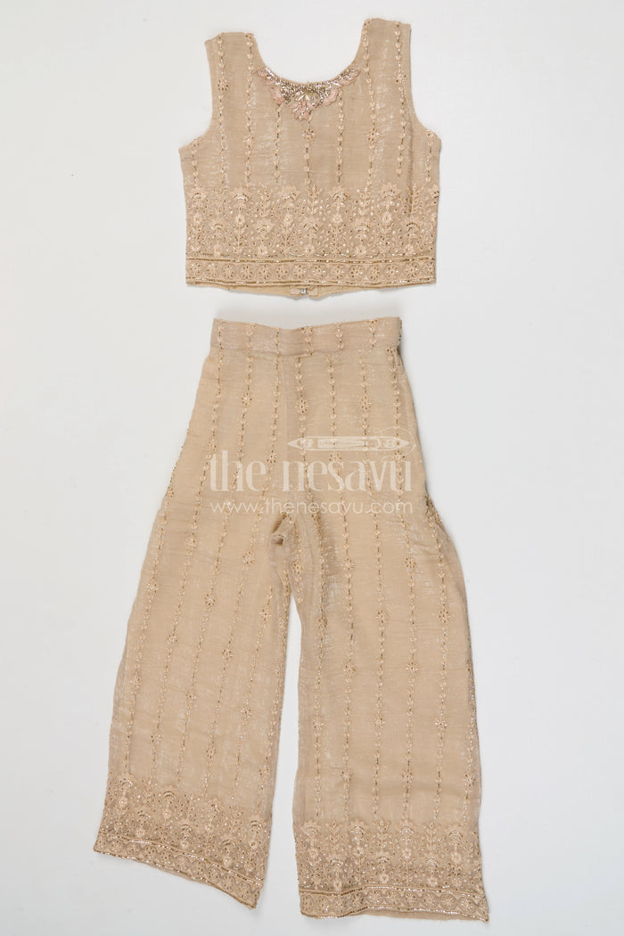 The Nesavu Girls Sharara / Plazo Set Girls Sharara Set for Weddings Nesavu Nesavu girls crushed tissue organza sharara set with designer embroidery for weddings and celebrations
