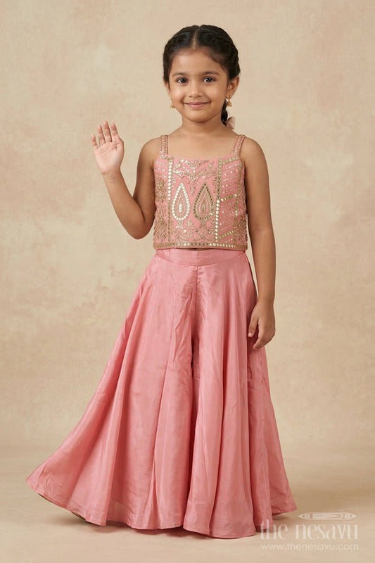 The Nesavu Girls Sharara / Plazo Set Girls Sharara Set with Embroidered Jacket for Weddings and Special Occasions Nesavu 16 (1Y) / Peach / Georgette GPS953A-16 Nesavu girls sharara set with designer embroidered jacket and georgette flared pants for festive events