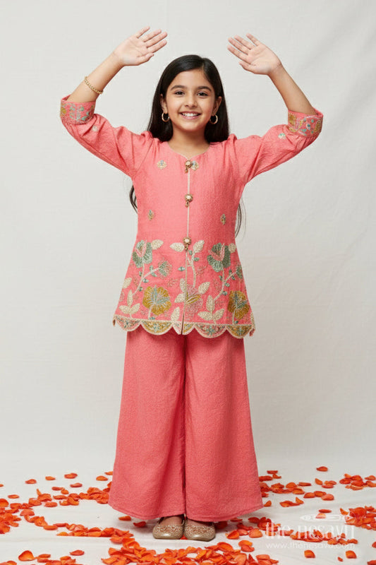 The Nesavu Girls Sharara / Plazo Set Girls Sharara Set with Embroidered Organza Yoke for Festive Events Nesavu 22 (4Y) / Peach GPS703C-22 Nesavu girls sharara set organza embroidered yoke weddings festive wear