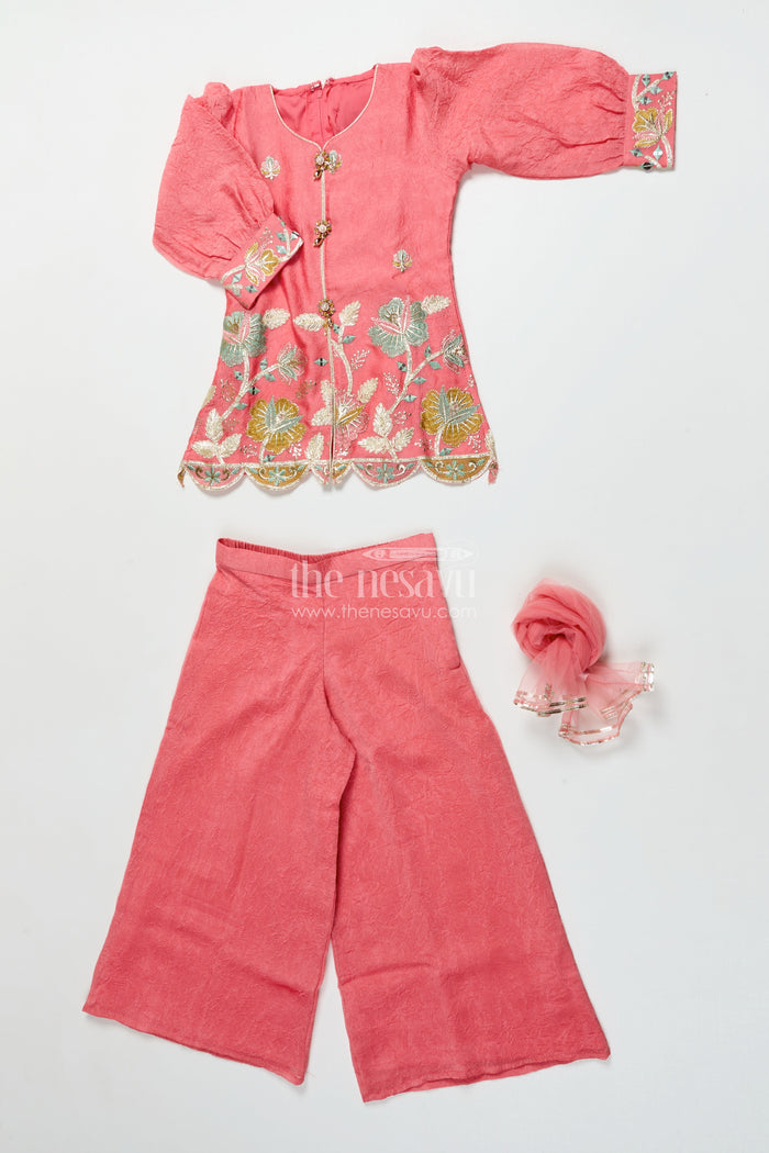 The Nesavu Girls Sharara / Plazo Set Girls Sharara Set with Embroidered Organza Yoke for Festive Events Nesavu Nesavu girls sharara set organza embroidered yoke weddings festive wear