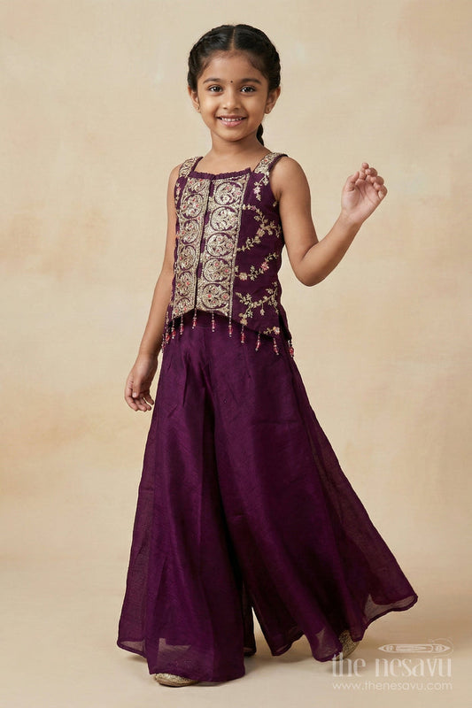 The Nesavu Girls Sharara / Plazo Set Girls Sharara Set with Embroidered Yoke for Festive Parties and Family Gatherings Nesavu Nesavu girls sharara set with embroidered yoke and dupatta for festive parties and cultural events