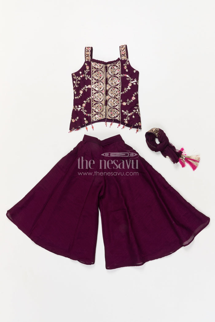 The Nesavu Girls Sharara / Plazo Set Girls Sharara Set with Embroidered Yoke for Festive Parties and Family Gatherings Nesavu Nesavu girls sharara set with embroidered yoke and dupatta for festive parties and cultural events