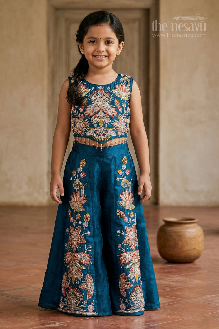The Nesavu Girls Sharara / Plazo Set Girls Sharara/plazzo Set for Weddings and Festive Occasions Nesavu 18 (2Y) / Blue / Organza GPS1001C-18 Nesavu girls organza sharara set with designer embroidery for weddings and festive occasions