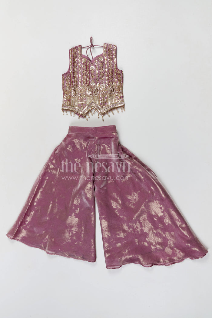 The Nesavu Girls Sharara / Plazo Set Girls Shimmer Sharara Set with Designer Embroidery for Festive Occasions Nesavu Nesavu girls tissue shimmer sharara set with designer embroidery for festive wear