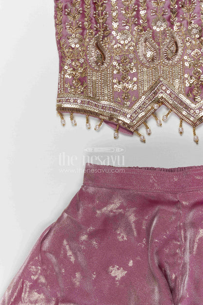 The Nesavu Girls Sharara / Plazo Set Girls Shimmer Sharara Set with Designer Embroidery for Festive Occasions Nesavu Nesavu girls tissue shimmer sharara set with designer embroidery for festive wear