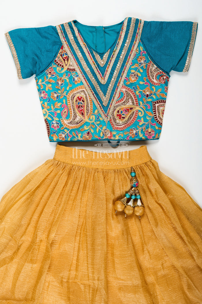 The Nesavu Girls Lehenga Choli Girls Silk Blend Lehenga Dresses with Rich Designer Top and Traditional Tassel Accents Nesavu Nesavu Traditional Girls Silk Blend Lehenga Dresses with Embroidered Designer Top and Dupatta Set
