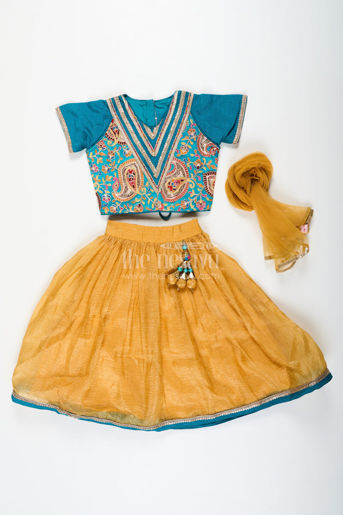 The Nesavu Girls Lehenga Choli Girls Silk Blend Lehenga Dresses with Rich Designer Top and Traditional Tassel Accents Nesavu Nesavu Traditional Girls Silk Blend Lehenga Dresses with Embroidered Designer Top and Dupatta Set