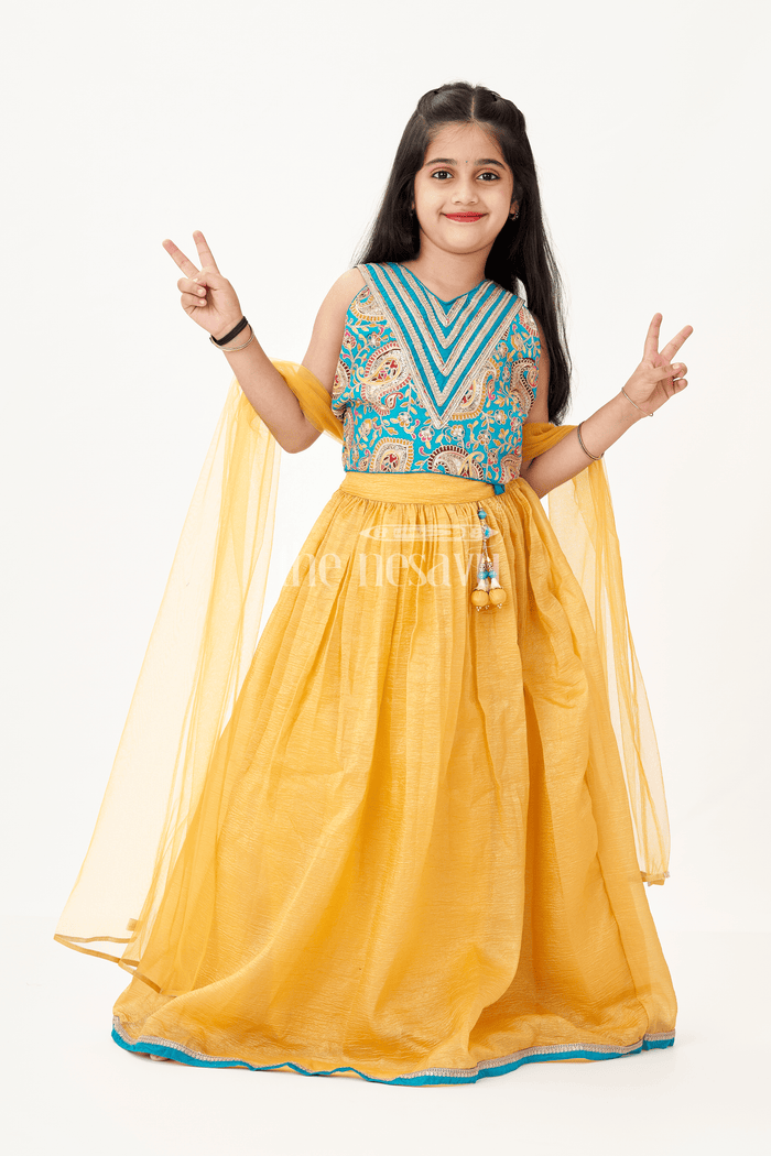 The Nesavu Girls Lehenga Choli Girls Silk Blend Lehenga Dresses with Rich Designer Top and Traditional Tassel Accents Nesavu 16 (1Y) / Blue GL622A-16 Traditional Girls Silk Blend Lehenga Dresses with Embroidered Designer Top and Dupatta Set | The Nesavu