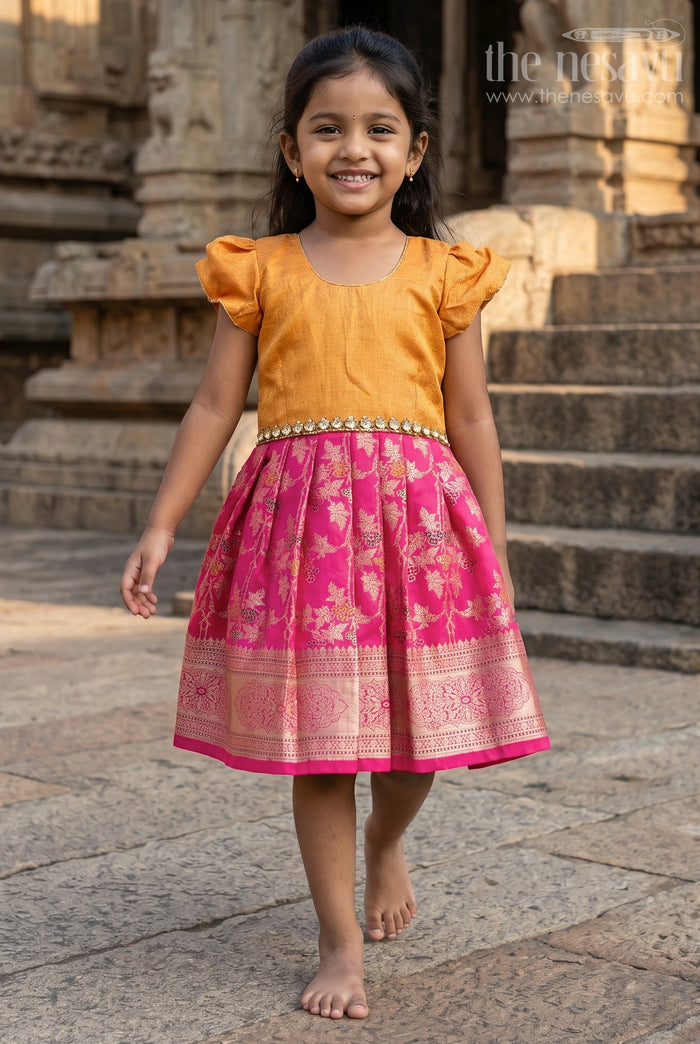 The Nesavu Silk Frock Girls Silk Frock for Festive Weddings and Birthday Parties Nesavu 20 (3Y) / Orange / Semi Banarasi SF1169A-20 Nesavu Girls Silk Frock With Banarasi Skirt For Weddings And Festive Birthday Celebrations
