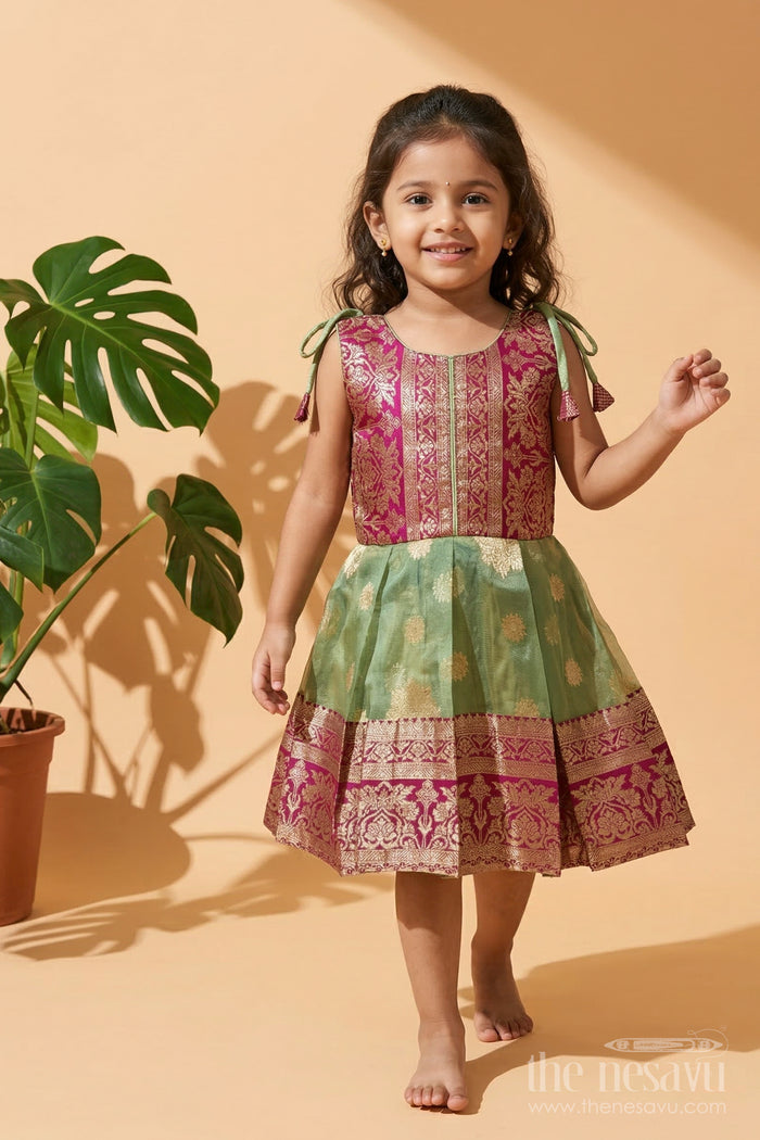 The Nesavu Silk Frock Girls Silk Frock for Festive Weddings and Celebrations Nesavu 16 (1Y) / Green / Silk Blend SF1130A-16 Nesavu girls blend silk frock with tissue bottom for festive weddings