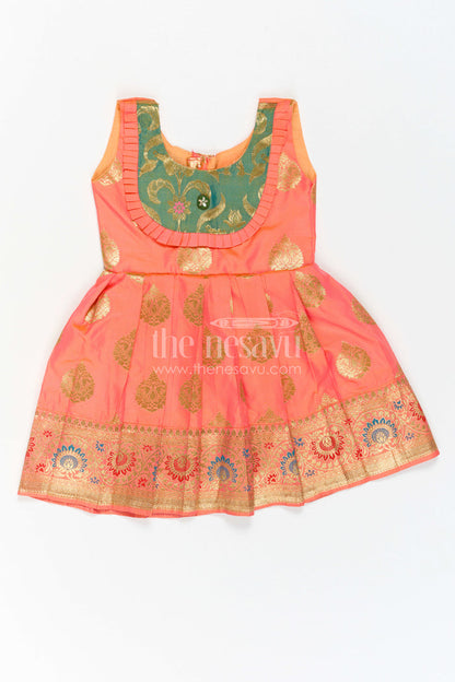 The Nesavu Girls Kanchi Silk Frock Girls Silk Frock for Navaratri Celebrations and Traditional Events Nesavu 16 (1Y) / Orange / Style 3 KSF042AC-16 Nesavu Girls Semi Kanchivaram Silk Frock With Grand Border For Festive And Cultural Occasions