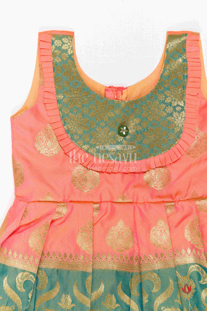 The Nesavu Girls Kanchi Silk Frock Girls Silk Frock for Navaratri Celebrations and Traditional Events Nesavu Nesavu Girls Semi Kanchivaram Silk Frock With Grand Border For Festive And Cultural Occasions