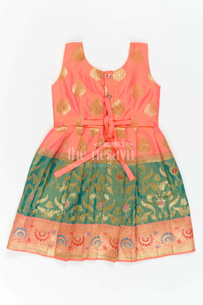 The Nesavu Girls Kanchi Silk Frock Girls Silk Frock for Navaratri Celebrations and Traditional Events Nesavu Nesavu Girls Semi Kanchivaram Silk Frock With Grand Border For Festive And Cultural Occasions