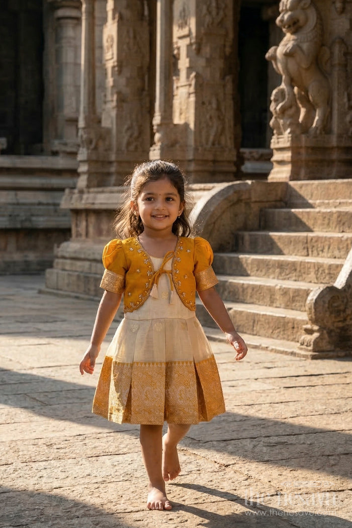 The Nesavu Silk Frock Girls Silk Frock for Traditional Celebrations and Family Functions Nesavu Nesavu girls blend silk frock with tissue skirt for festive weddings