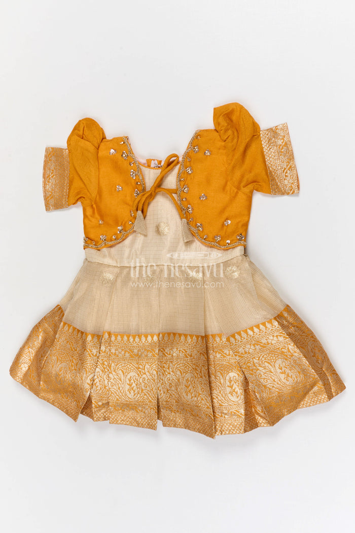 The Nesavu Silk Frock Girls Silk Frock for Traditional Celebrations and Family Functions Nesavu 16 (1Y) / Yellow / Silk Blend SF1133A-16 Nesavu girls blend silk frock with tissue skirt for festive weddings