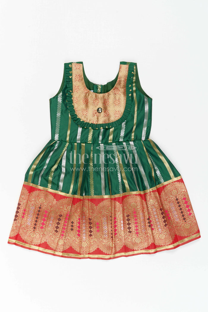 The Nesavu Girls Kanchi Silk Frock Girls Silk Frock for Wedding Receptions and Festive Occasions Nesavu 20 (3Y) / Green / Style 1 KSF046BA-20 Nesavu Girls Semi Kanchivaram Silk Frock With Grand Border For Weddings And Festive Celebrations