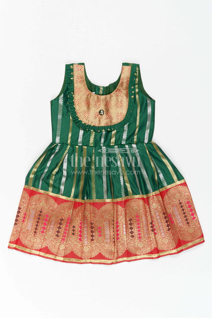 The Nesavu Girls Kanchi Silk Frock Girls Silk Frock for Wedding Receptions and Festive Occasions Nesavu 20 (3Y) / Green / Style 1 KSF046BA-20 Nesavu Girls Semi Kanchivaram Silk Frock With Grand Border For Weddings And Festive Celebrations
